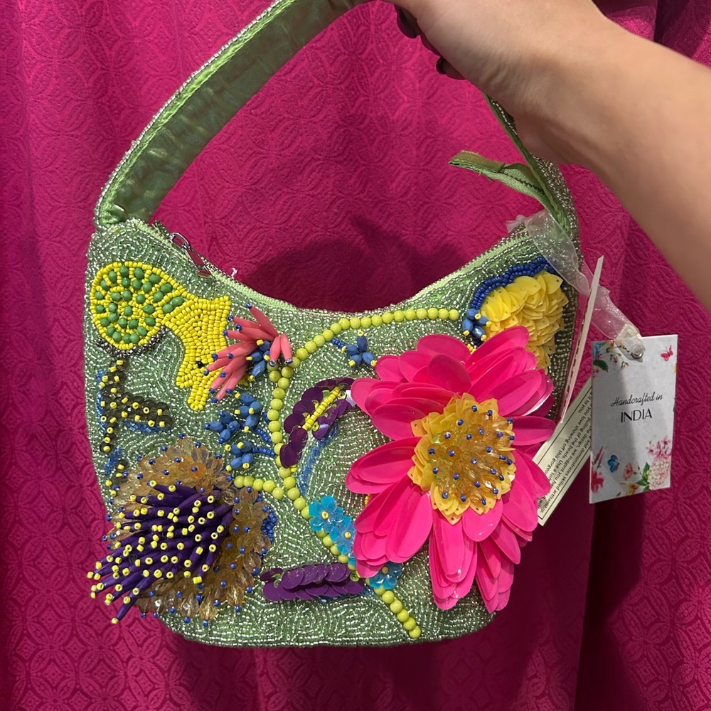 (Handcrafted in India) Embellished Floral Beaded Bag - Green and Pink